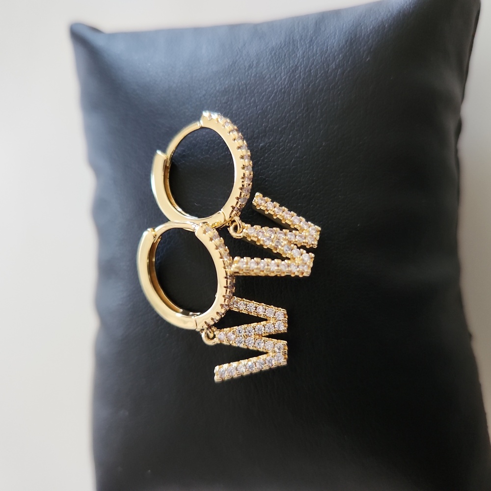 Initial Gold Tone Earrings "W" Huggie Hoop Cubic Zirconia